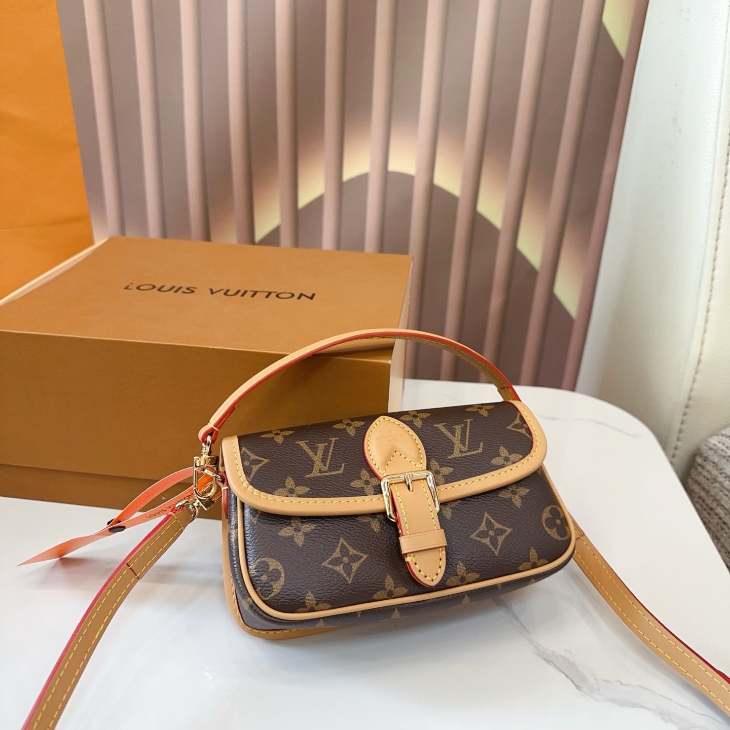 LV Diane PM Monogram Canvas Shoulder Crossbody Bag with Leather Trim and Adjustable Strap (19 x 12) cm