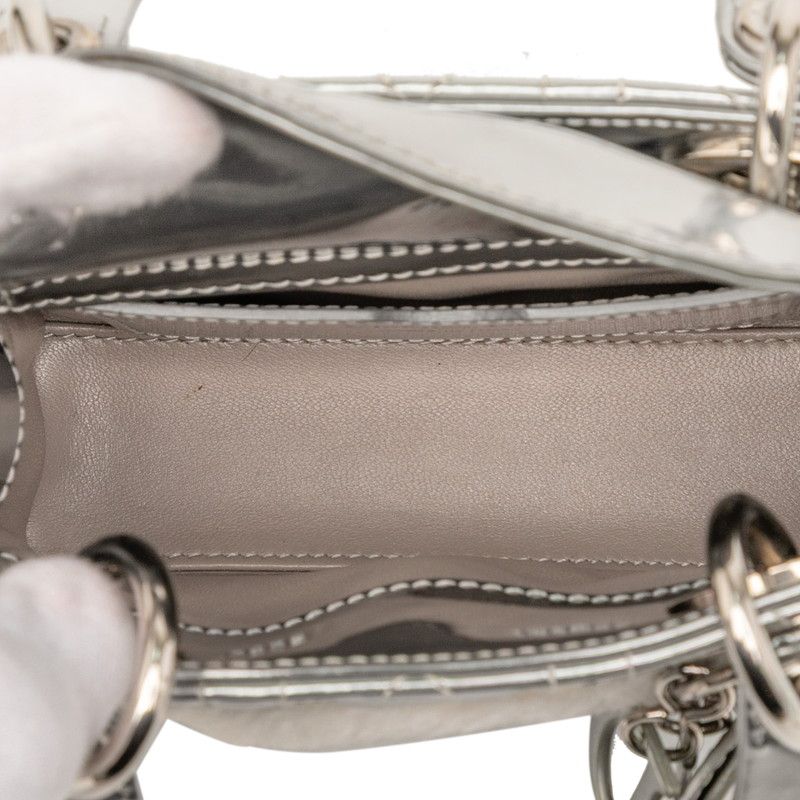 Dior Cannage Baby Lady Dior Nano 2-Way Shoulder Bag Silver Patent Leather