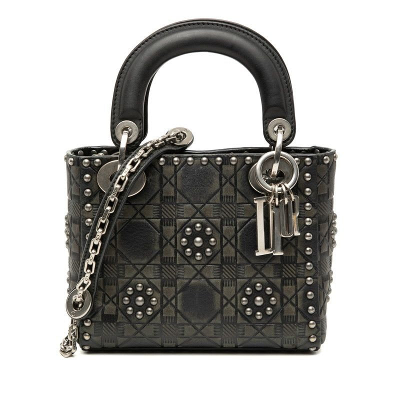 Dior Cannage Lady Studded Handbag Chain Shoulder Bag 2WAY Black Leather
