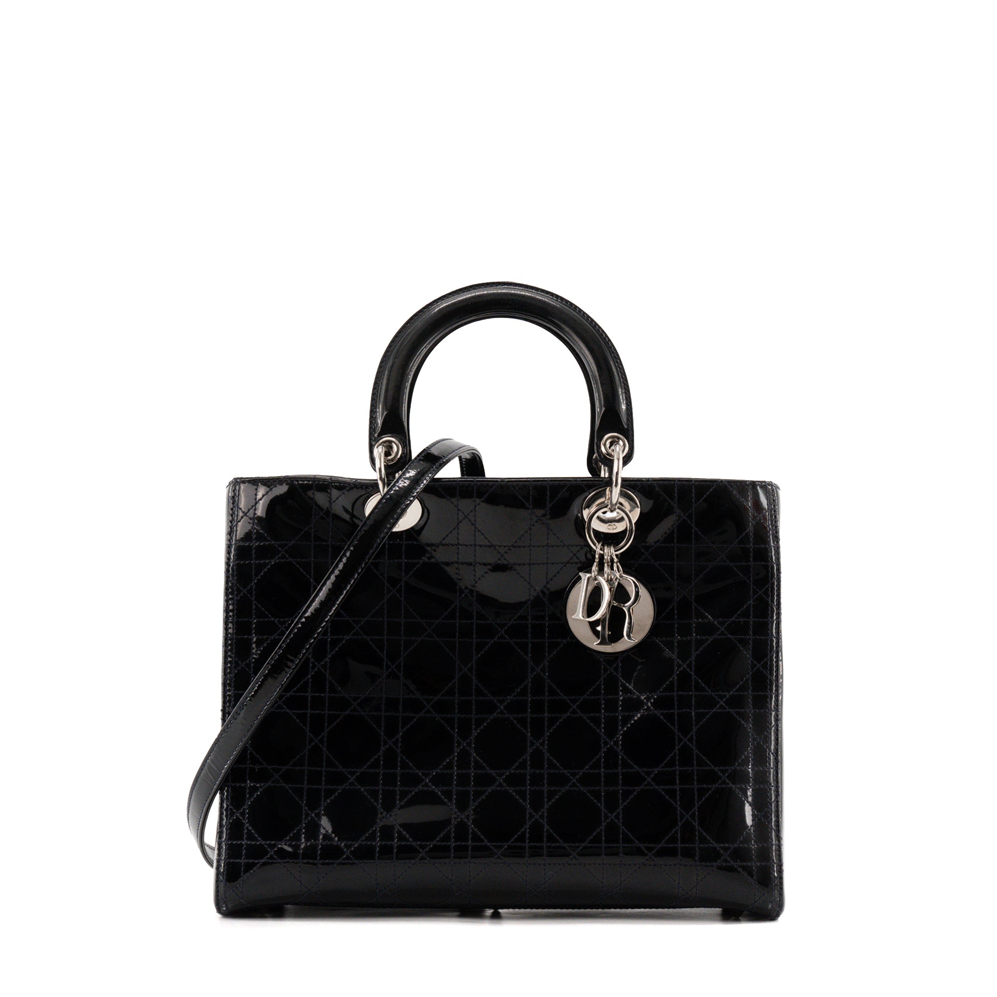DIOR - Vintage black patent cannage leather Lady Dior Large handbag